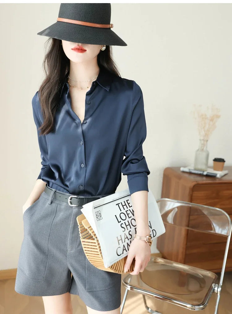 Satin Women's Shirt Blouses for Women Fashion 2024 Korean Style Womens Tops Office White Shirt Women OL Loose Elegant Clothing
