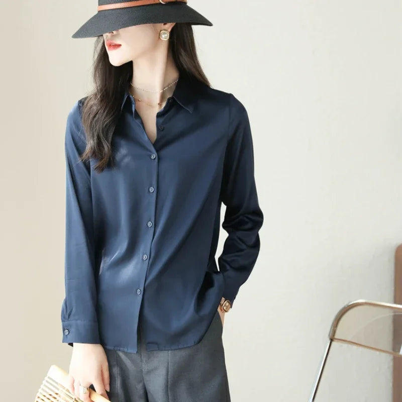Satin Women's Shirt Blouses for Women Fashion 2024 Korean Style Womens Tops Office White Shirt Women OL Loose Elegant Clothing