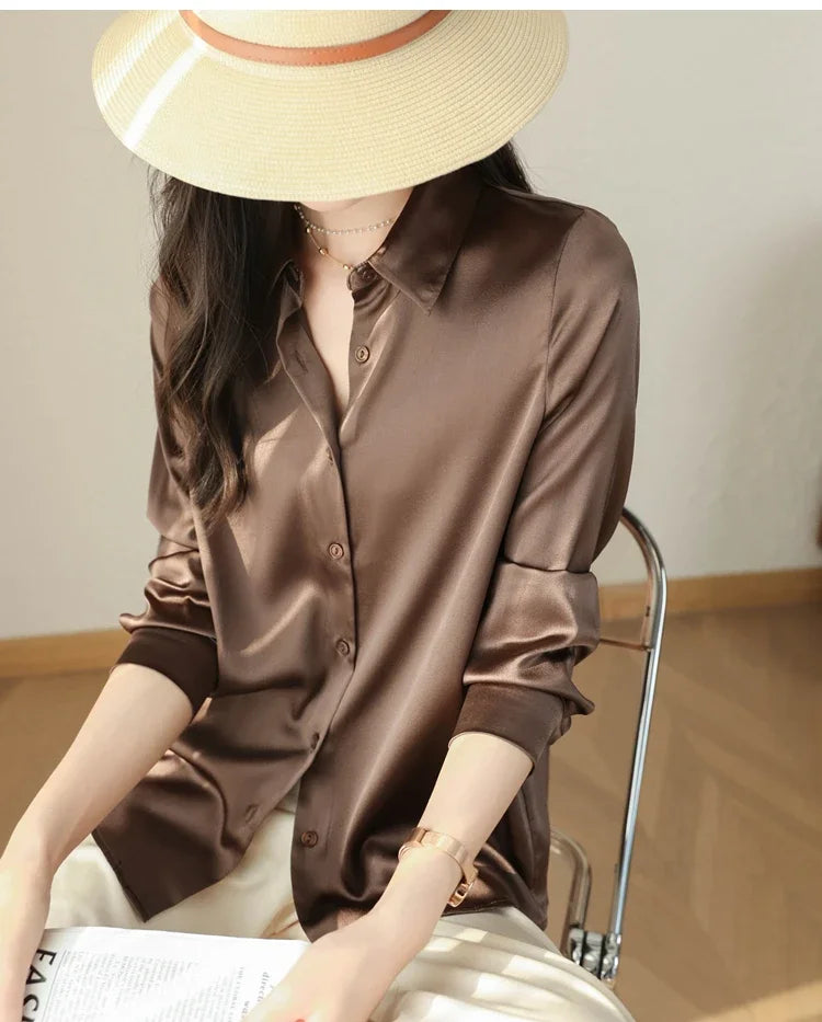 Satin Women's Shirt Blouses for Women Fashion 2024 Korean Style Womens Tops Office White Shirt Women OL Loose Elegant Clothing