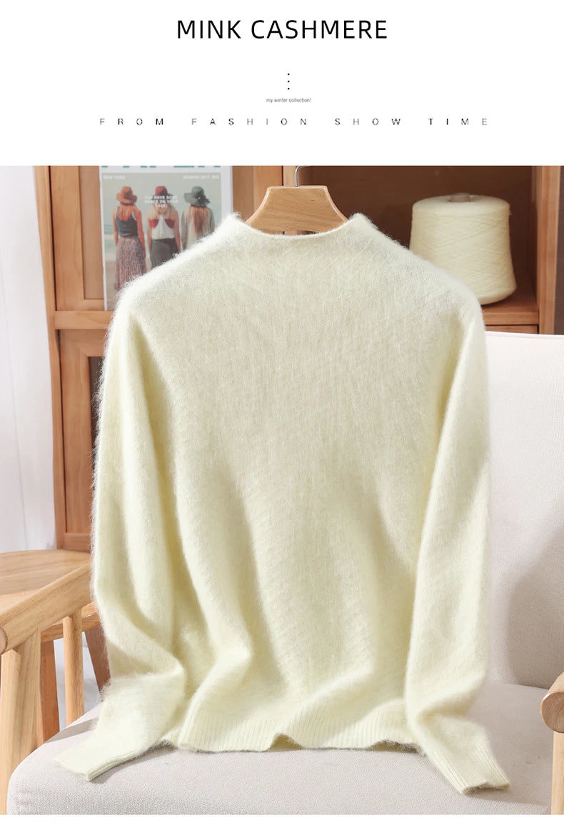 Autumn and winter mink cashmere knitted sweater Women's fashionable simple semi-high-neck sweater for women Soft comfortable top