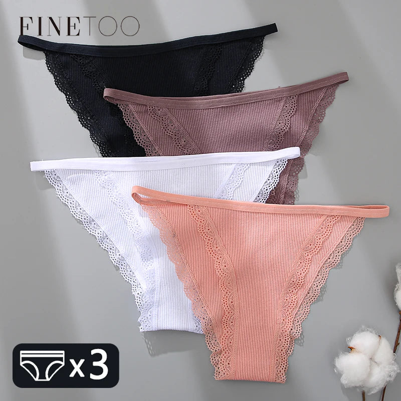 FINETOO Women's Cotton Panties 3Pcs/set Lace Briefs S-XL Comfortable Underwear Ladies Cotton Underpants Soft Panty Intimates New