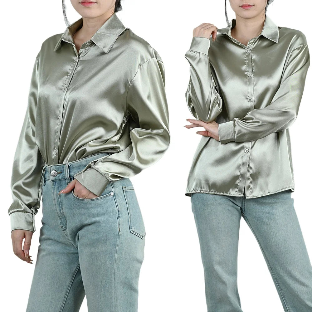 Spring Autumn Women's Solid Polo-Neck Blouses Button Up Elegant Loose Long Sleeve Clothes Office Ladies French Black Shirt Tops