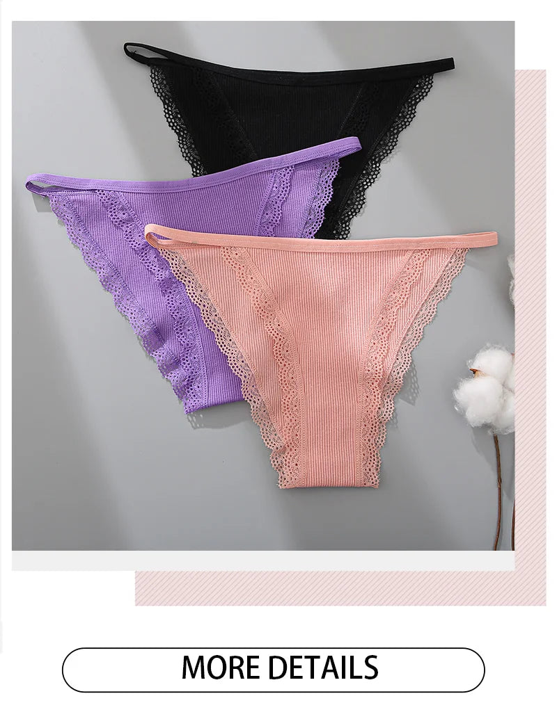 FINETOO Women's Cotton Panties 3Pcs/set Lace Briefs S-XL Comfortable Underwear Ladies Cotton Underpants Soft Panty Intimates New