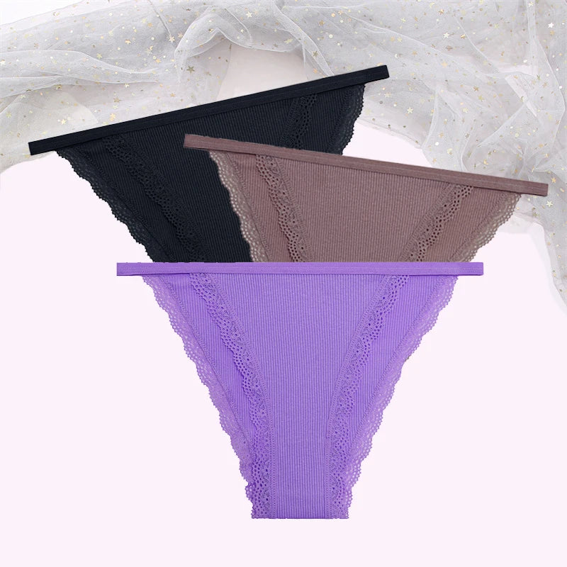 FINETOO Women's Cotton Panties 3Pcs/set Lace Briefs S-XL Comfortable Underwear Ladies Cotton Underpants Soft Panty Intimates New