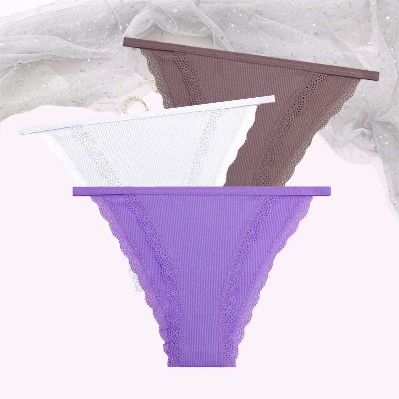 FINETOO Women's Cotton Panties 3Pcs/set Lace Briefs S-XL Comfortable Underwear Ladies Cotton Underpants Soft Panty Intimates New