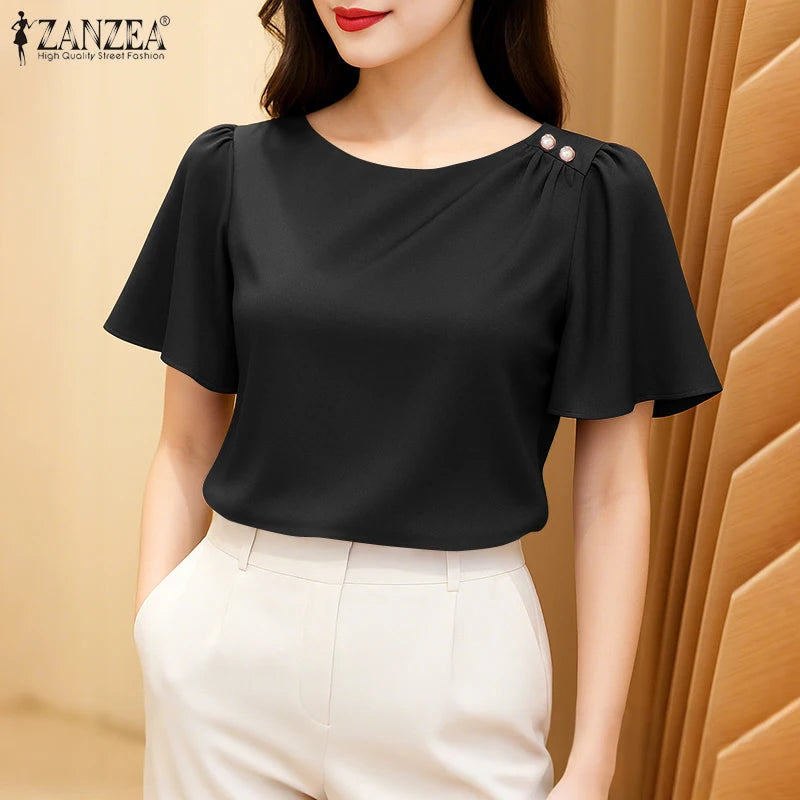 2025 ZANZEA Elegant Short Sleeve Office Satin Blouses Summer Women Tops Stylish Solid Shirt O Neck Tunic Female Work OL Blusas