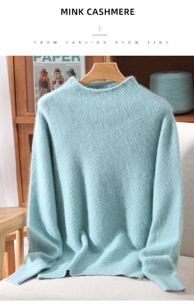 Autumn and winter mink cashmere knitted sweater Women's fashionable simple semi-high-neck sweater for women Soft comfortable top