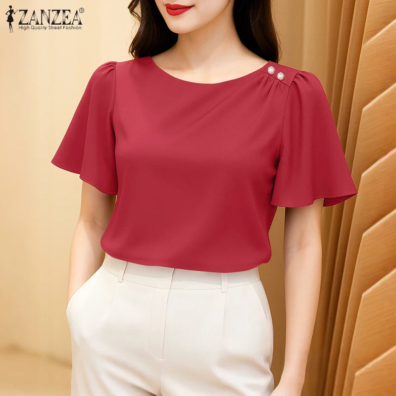 2025 ZANZEA Elegant Short Sleeve Office Satin Blouses Summer Women Tops Stylish Solid Shirt O Neck Tunic Female Work OL Blusas