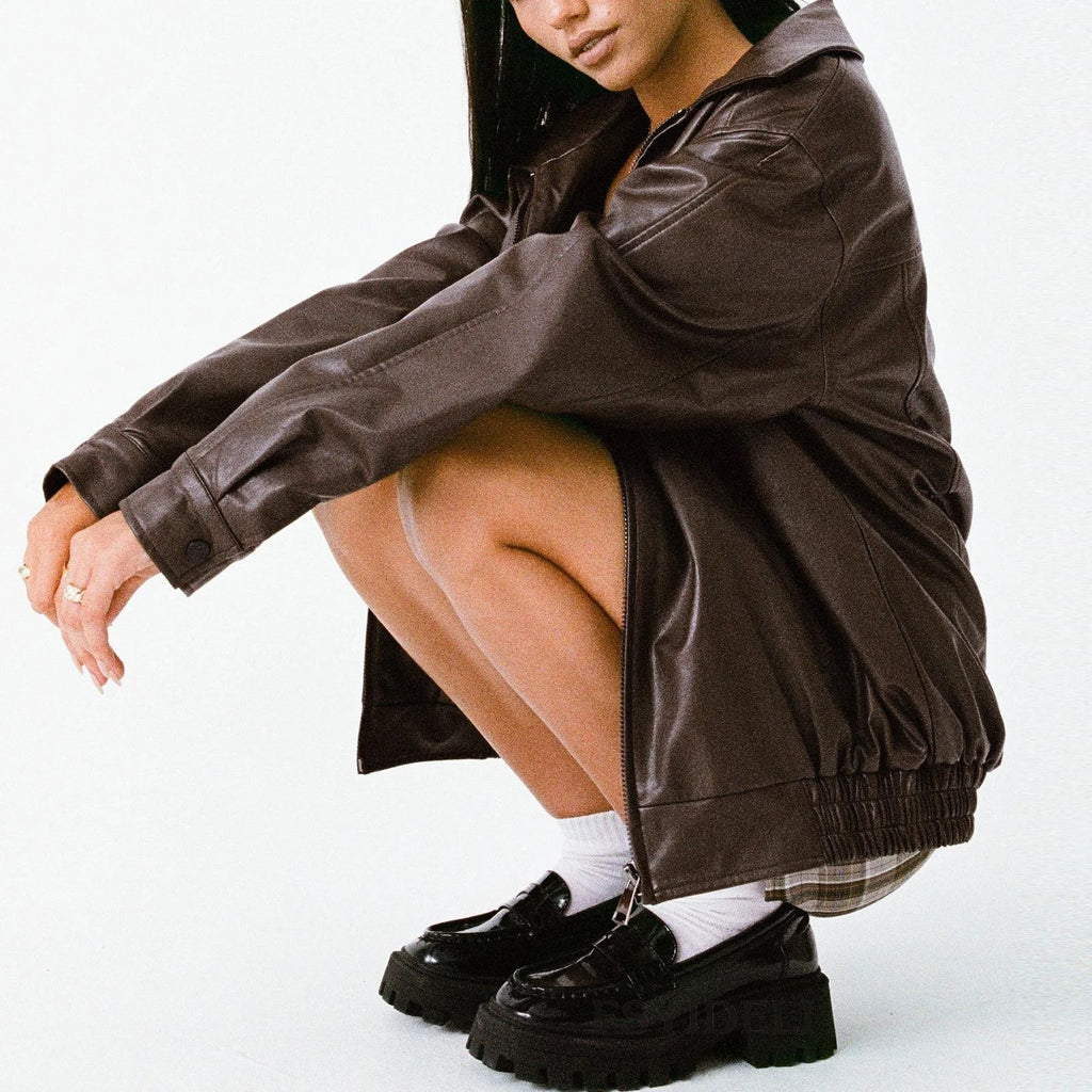 Women Autumn Winter PU Leather Jacket Loose Zipper Long Sleeve Jacket Coat Solid Color Fashion