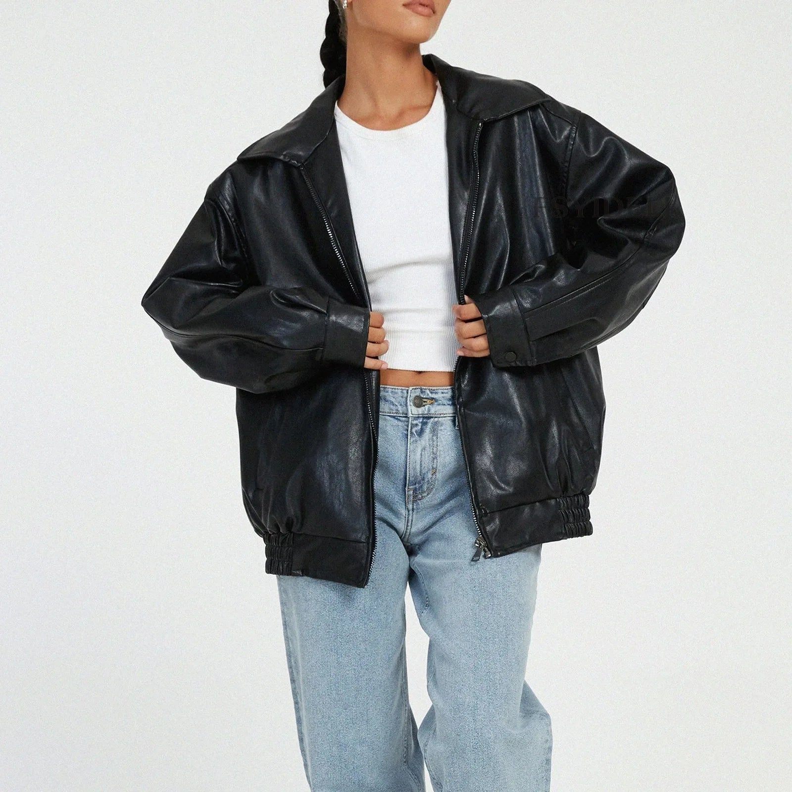 Women Autumn Winter PU Leather Jacket Loose Zipper Long Sleeve Jacket Coat Solid Color Fashion