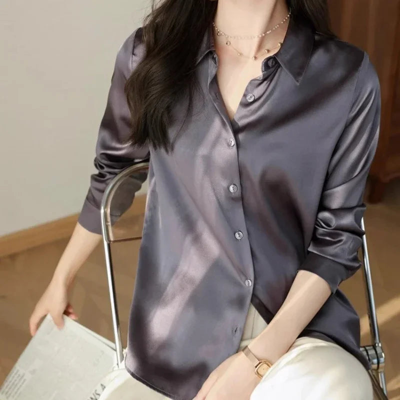 Satin Women's Shirt Blouses for Women Fashion 2024 Korean Style Womens Tops Office White Shirt Women OL Loose Elegant Clothing