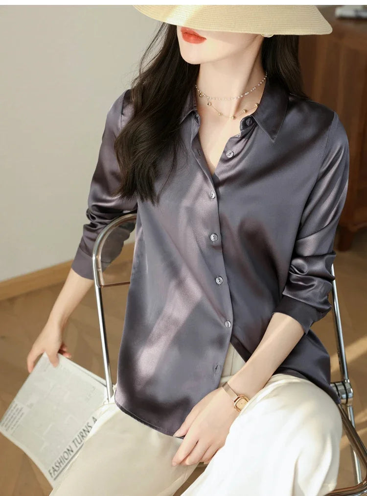 Satin Women's Shirt Blouses for Women Fashion 2024 Korean Style Womens Tops Office White Shirt Women OL Loose Elegant Clothing