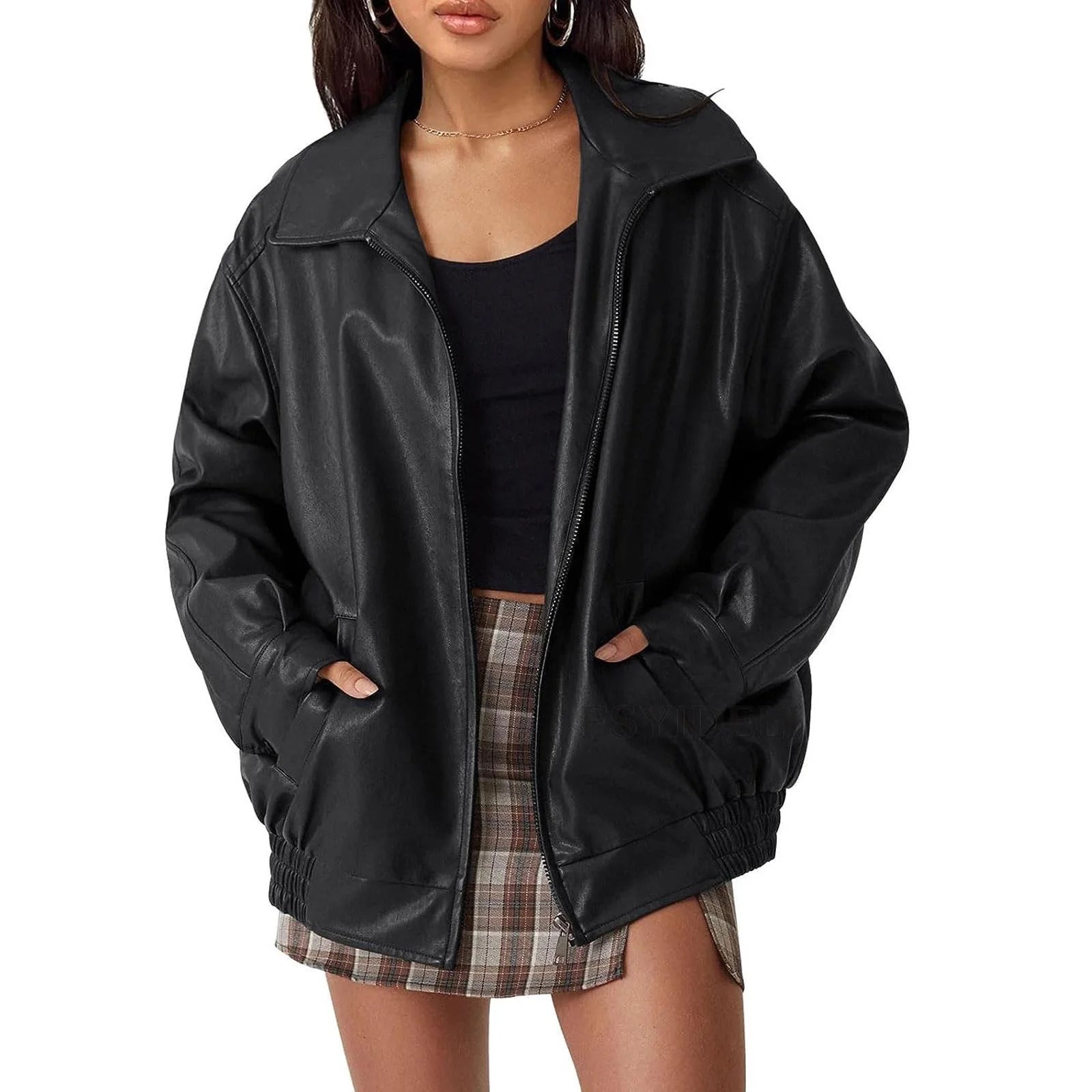 Women Autumn Winter PU Leather Jacket Loose Zipper Long Sleeve Jacket Coat Solid Color Fashion