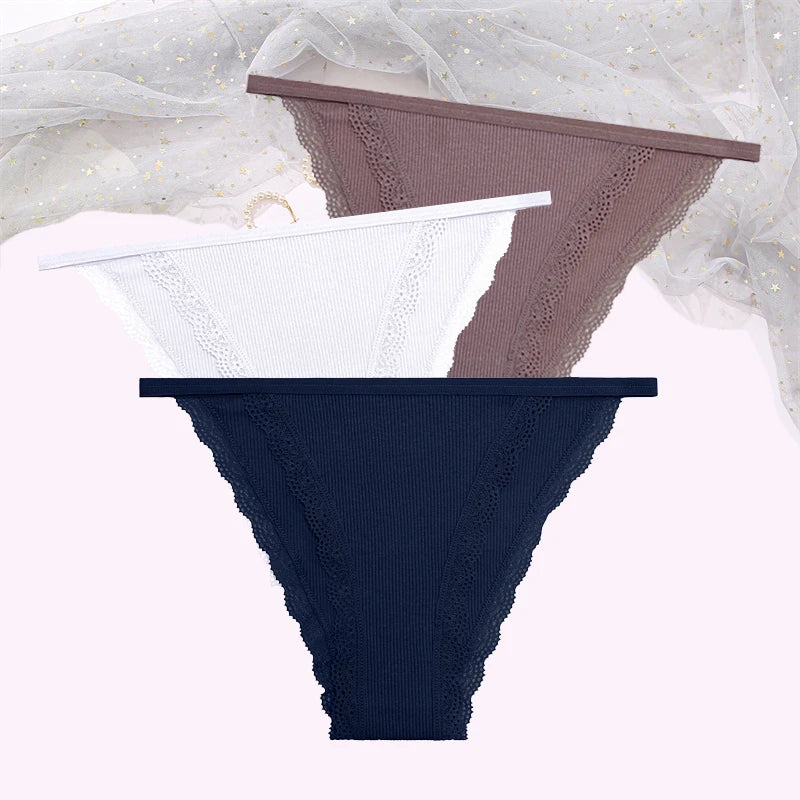 FINETOO Women's Cotton Panties 3Pcs/set Lace Briefs S-XL Comfortable Underwear Ladies Cotton Underpants Soft Panty Intimates New