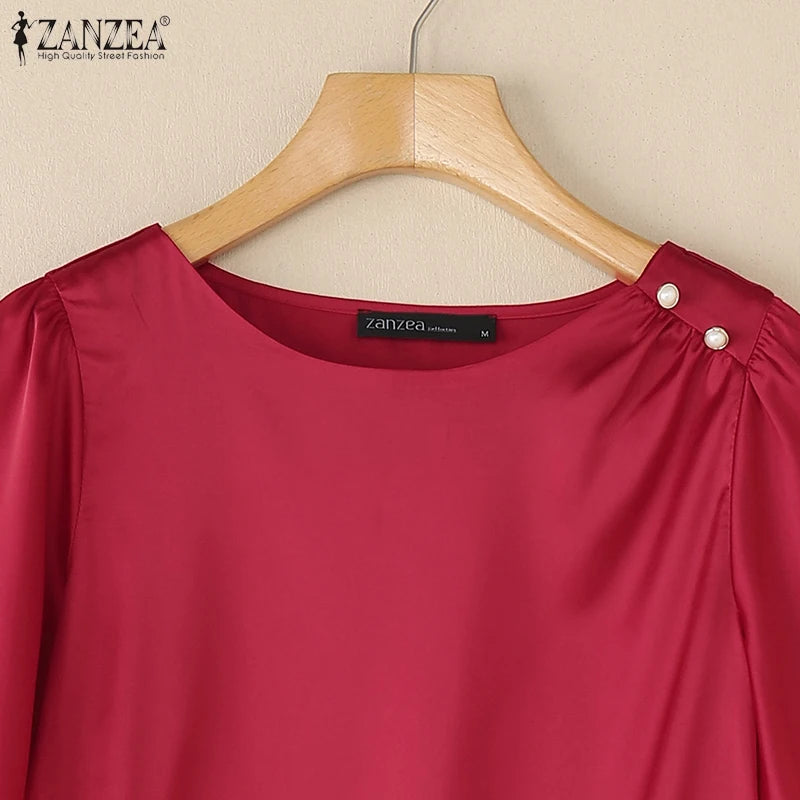 2025 ZANZEA Elegant Short Sleeve Office Satin Blouses Summer Women Tops Stylish Solid Shirt O Neck Tunic Female Work OL Blusas
