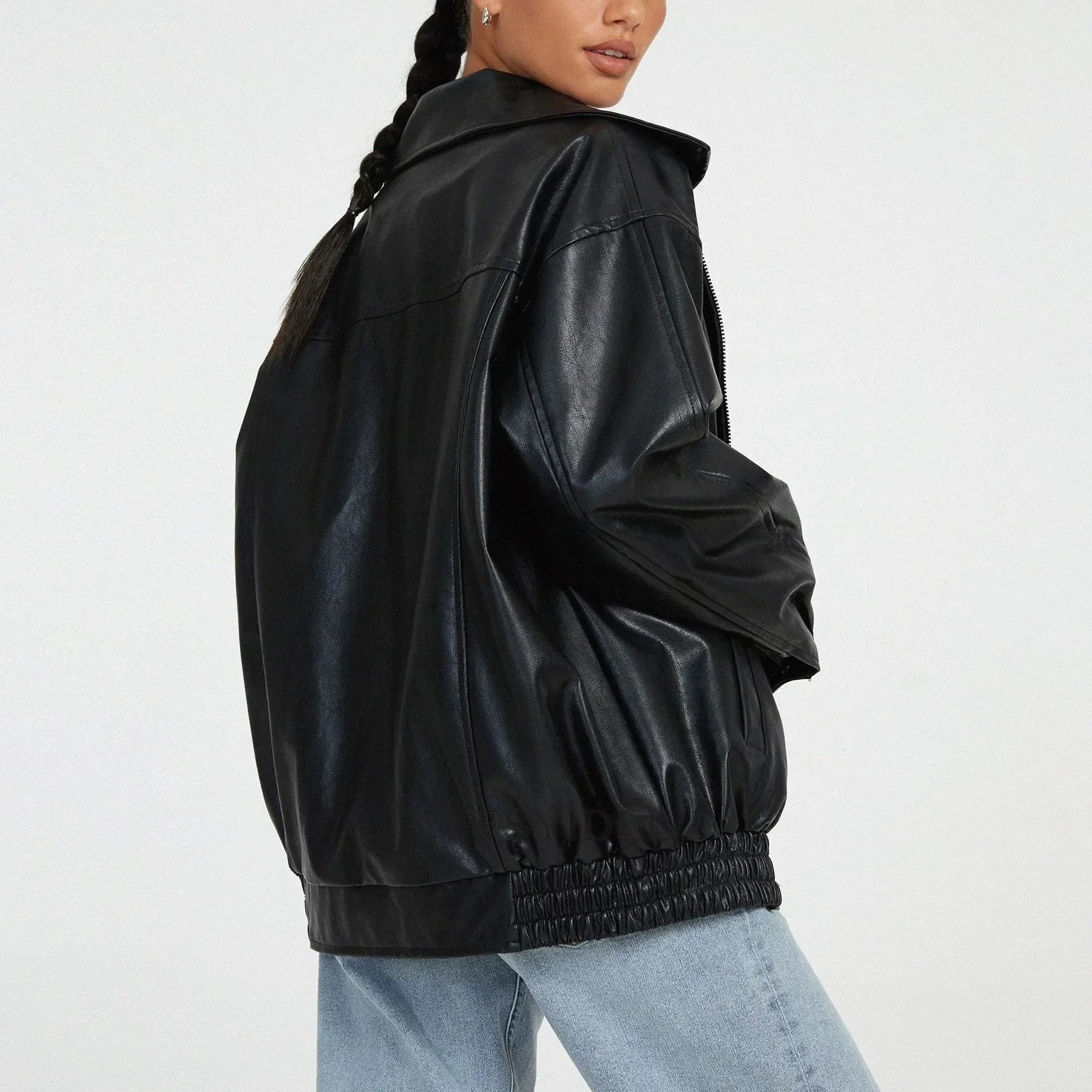 Women Autumn Winter PU Leather Jacket Loose Zipper Long Sleeve Jacket Coat Solid Color Fashion