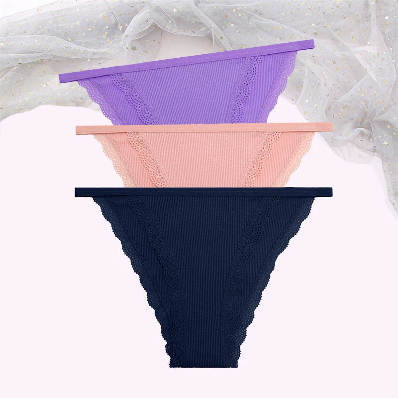 FINETOO Women's Cotton Panties 3Pcs/set Lace Briefs S-XL Comfortable Underwear Ladies Cotton Underpants Soft Panty Intimates New