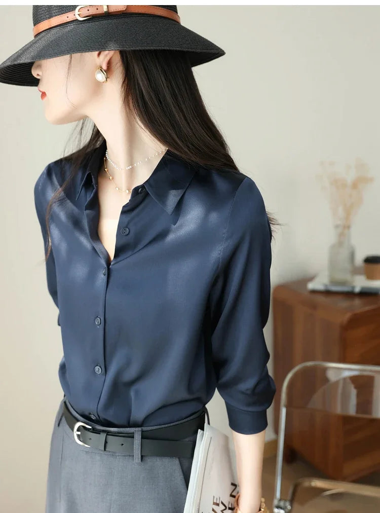 Satin Women's Shirt Blouses for Women Fashion 2024 Korean Style Womens Tops Office White Shirt Women OL Loose Elegant Clothing