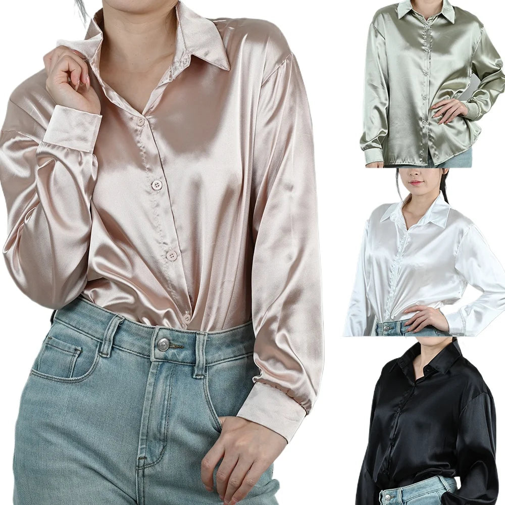 Spring Autumn Women's Solid Polo-Neck Blouses Button Up Elegant Loose Long Sleeve Clothes Office Ladies French Black Shirt Tops