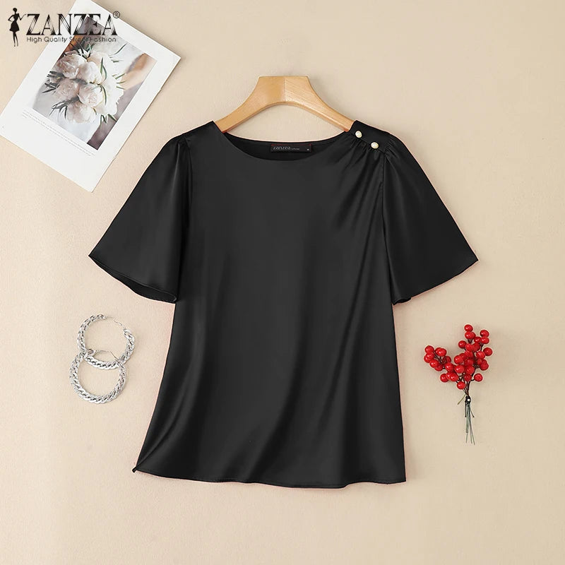 2025 ZANZEA Elegant Short Sleeve Office Satin Blouses Summer Women Tops Stylish Solid Shirt O Neck Tunic Female Work OL Blusas