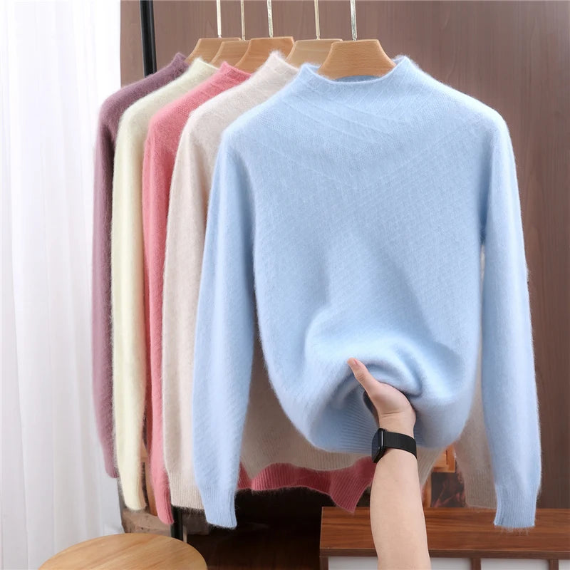 Autumn and winter mink cashmere knitted sweater Women's fashionable simple semi-high-neck sweater for women Soft comfortable top