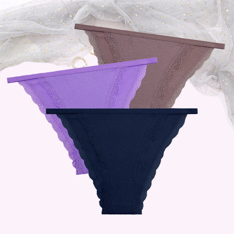 FINETOO Women's Cotton Panties 3Pcs/set Lace Briefs S-XL Comfortable Underwear Ladies Cotton Underpants Soft Panty Intimates New