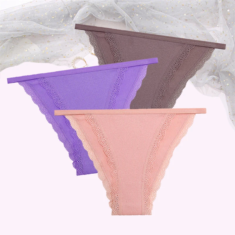 FINETOO Women's Cotton Panties 3Pcs/set Lace Briefs S-XL Comfortable Underwear Ladies Cotton Underpants Soft Panty Intimates New
