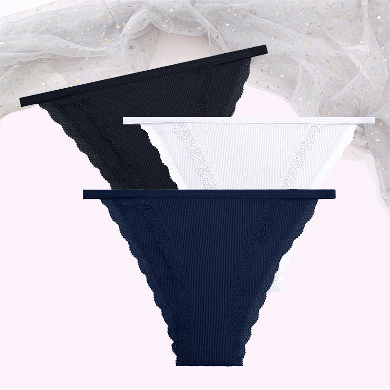 FINETOO Women's Cotton Panties 3Pcs/set Lace Briefs S-XL Comfortable Underwear Ladies Cotton Underpants Soft Panty Intimates New