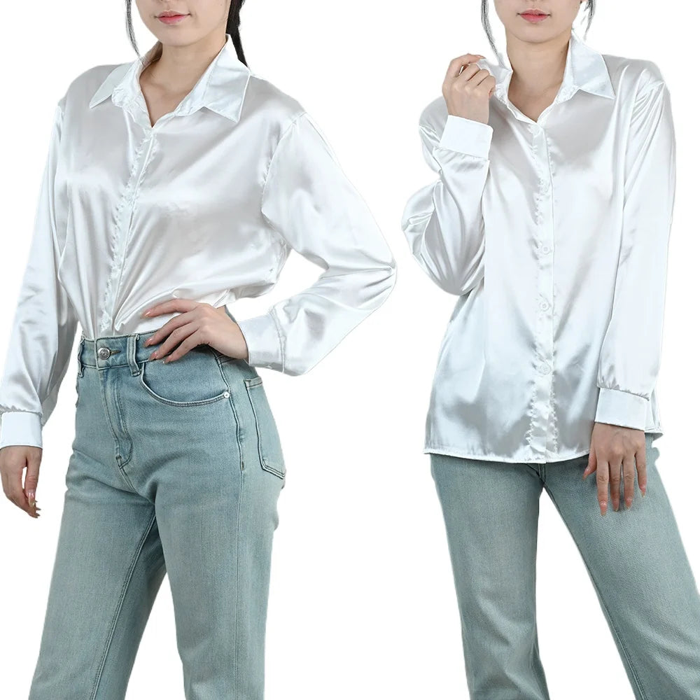 Spring Autumn Women's Solid Polo-Neck Blouses Button Up Elegant Loose Long Sleeve Clothes Office Ladies French Black Shirt Tops