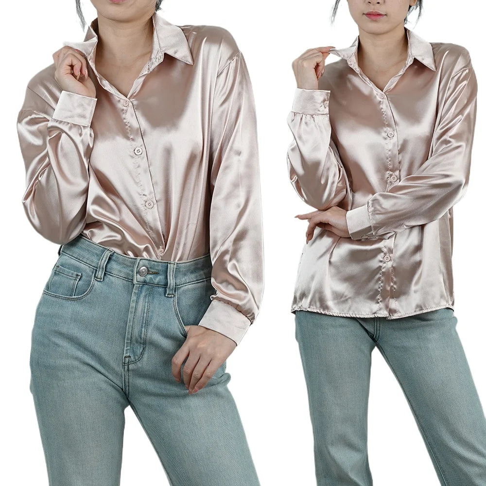 Spring Autumn Women's Solid Polo-Neck Blouses Button Up Elegant Loose Long Sleeve Clothes Office Ladies French Black Shirt Tops