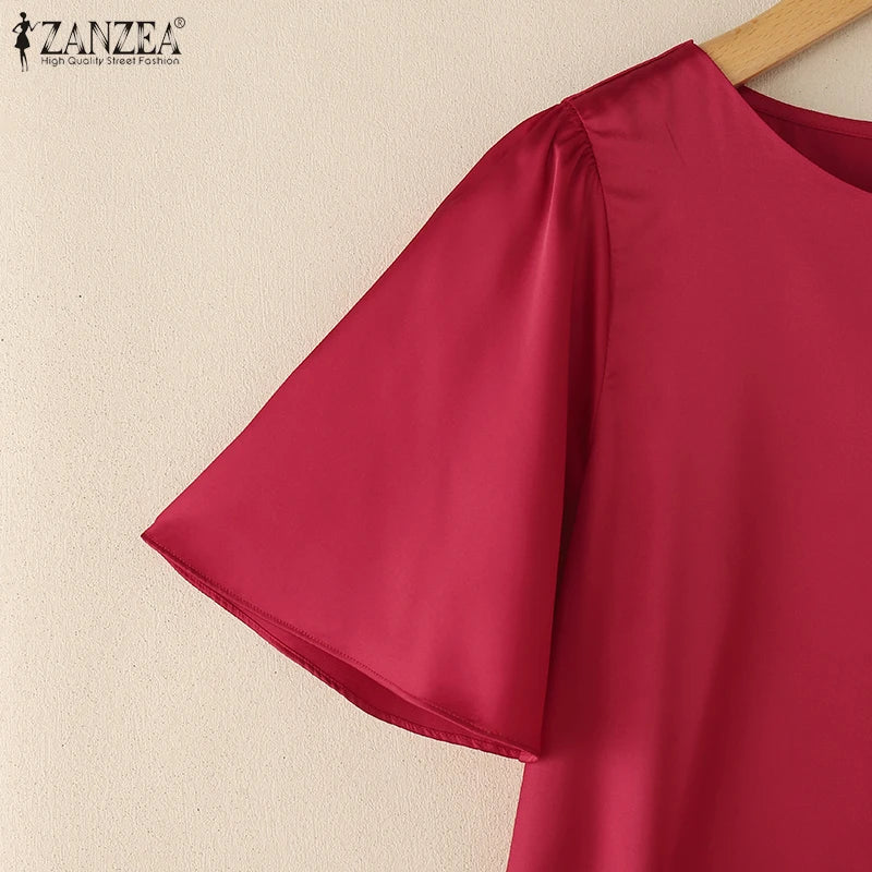 2025 ZANZEA Elegant Short Sleeve Office Satin Blouses Summer Women Tops Stylish Solid Shirt O Neck Tunic Female Work OL Blusas
