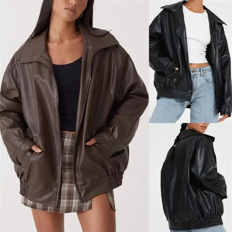 Women Autumn Winter PU Leather Jacket Loose Zipper Long Sleeve Jacket Coat Solid Color Fashion