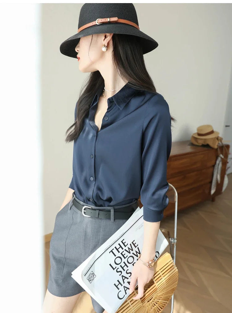 Satin Women's Shirt Blouses for Women Fashion 2024 Korean Style Womens Tops Office White Shirt Women OL Loose Elegant Clothing