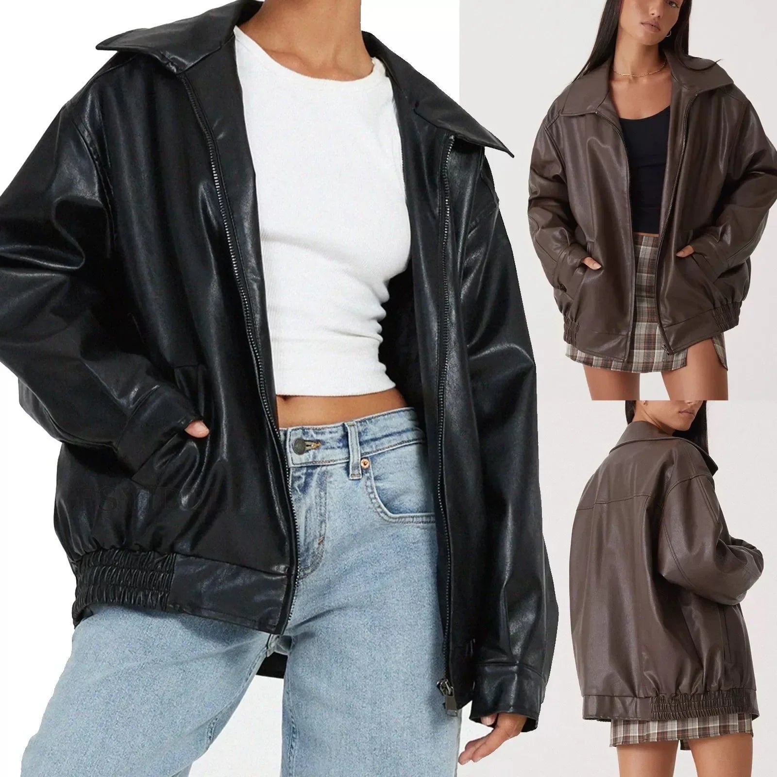 Women Autumn Winter PU Leather Jacket Loose Zipper Long Sleeve Jacket Coat Solid Color Fashion