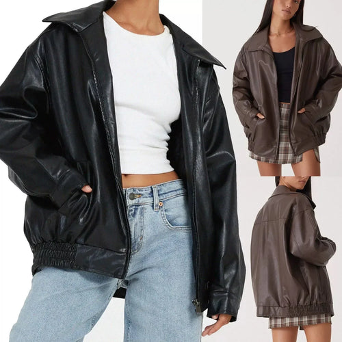Women Autumn Winter PU Leather Jacket Loose Zipper Long Sleeve Jacket Coat Solid Color Fashion