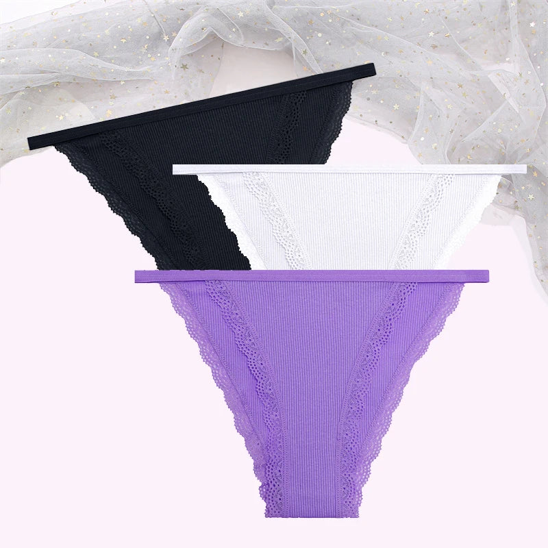 FINETOO Women's Cotton Panties 3Pcs/set Lace Briefs S-XL Comfortable Underwear Ladies Cotton Underpants Soft Panty Intimates New