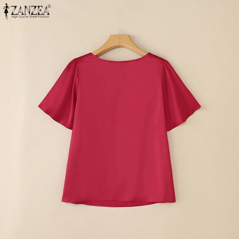 2025 ZANZEA Elegant Short Sleeve Office Satin Blouses Summer Women Tops Stylish Solid Shirt O Neck Tunic Female Work OL Blusas