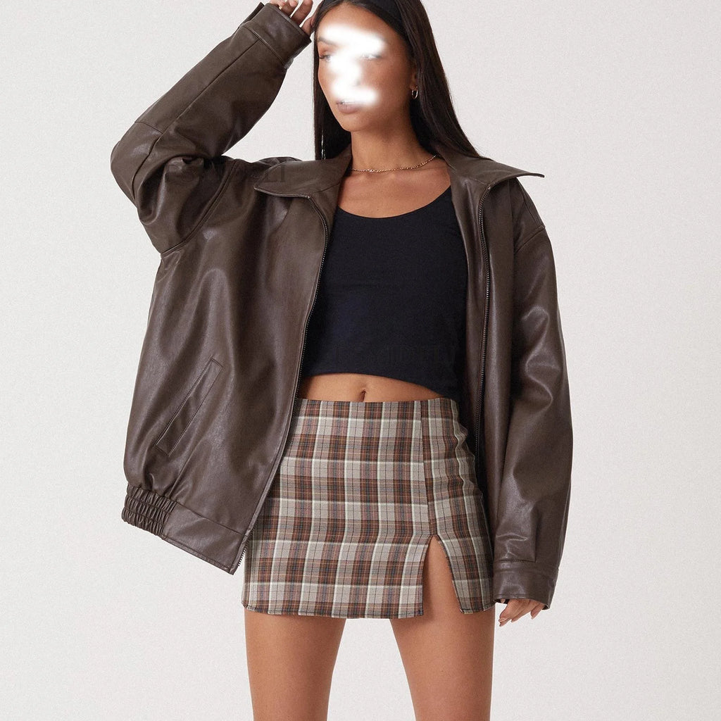 Women Autumn Winter PU Leather Jacket Loose Zipper Long Sleeve Jacket Coat Solid Color Fashion