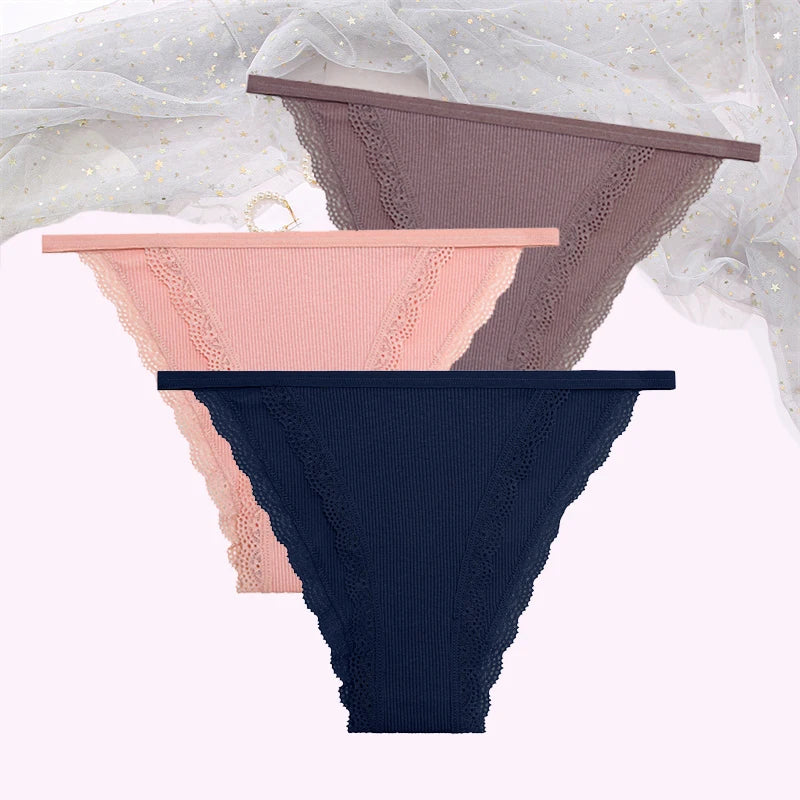 FINETOO Women's Cotton Panties 3Pcs/set Lace Briefs S-XL Comfortable Underwear Ladies Cotton Underpants Soft Panty Intimates New