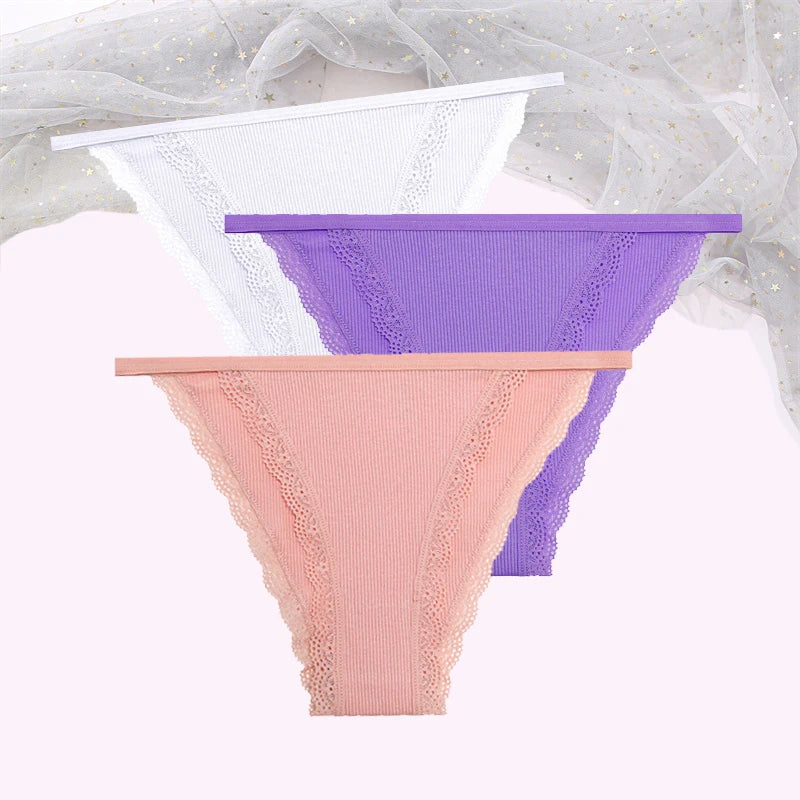 FINETOO Women's Cotton Panties 3Pcs/set Lace Briefs S-XL Comfortable Underwear Ladies Cotton Underpants Soft Panty Intimates New
