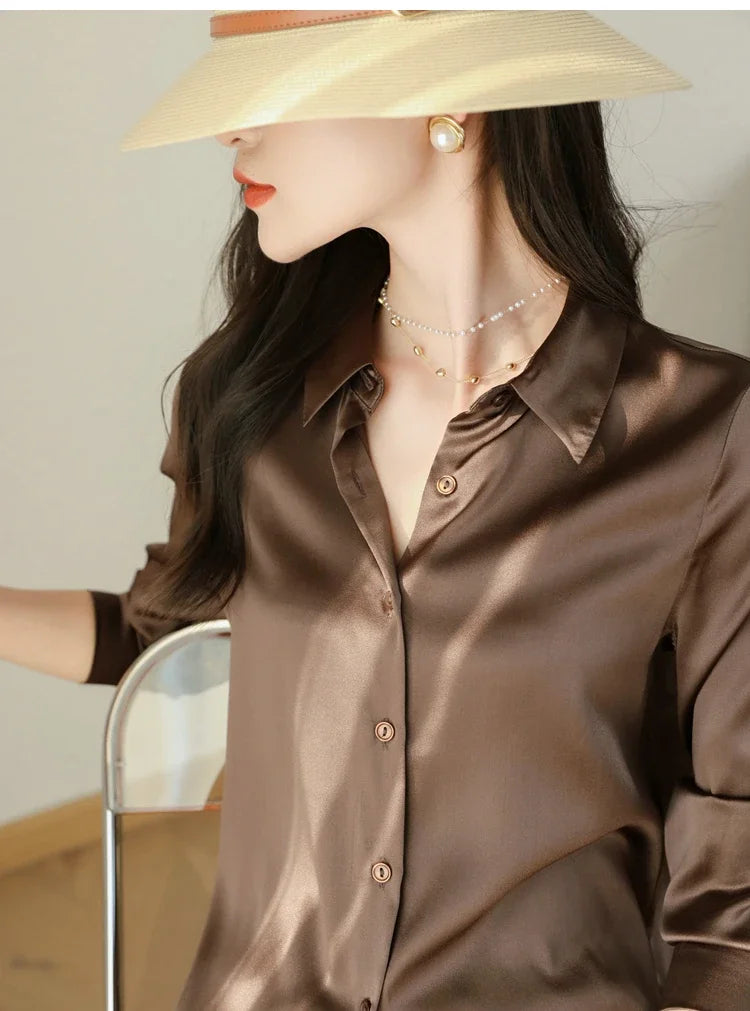 Satin Women's Shirt Blouses for Women Fashion 2024 Korean Style Womens Tops Office White Shirt Women OL Loose Elegant Clothing