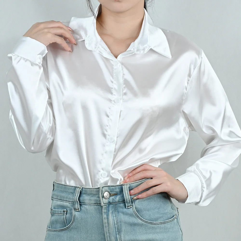 Spring Autumn Women's Solid Polo-Neck Blouses Button Up Elegant Loose Long Sleeve Clothes Office Ladies French Black Shirt Tops