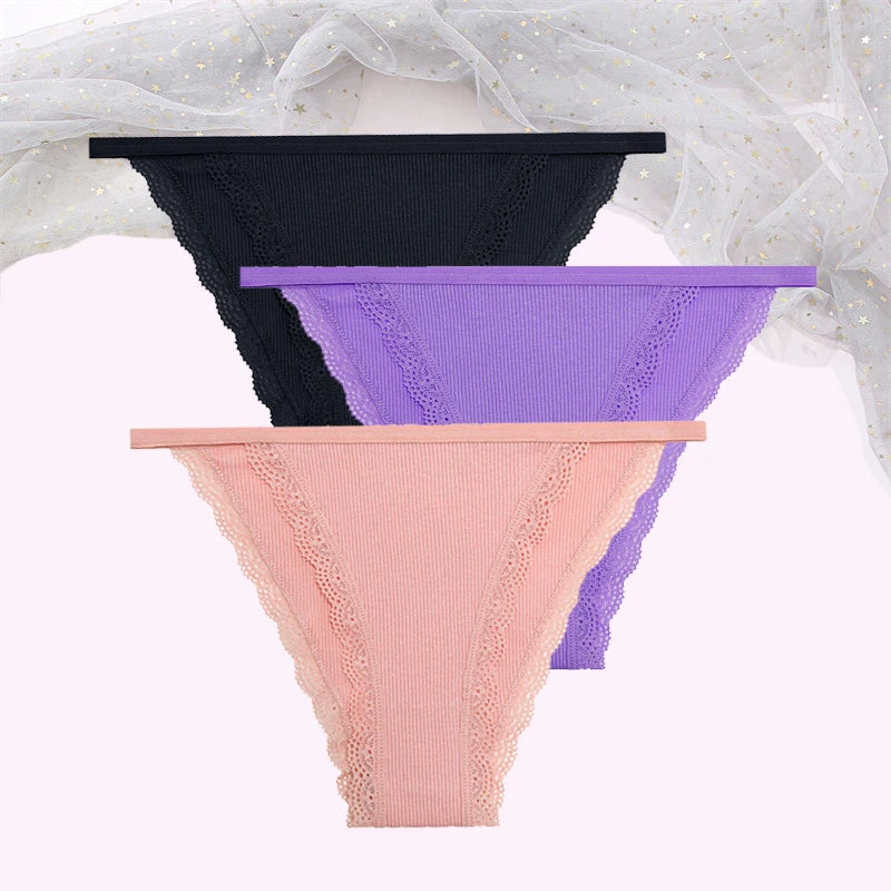 FINETOO Women's Cotton Panties 3Pcs/set Lace Briefs S-XL Comfortable Underwear Ladies Cotton Underpants Soft Panty Intimates New