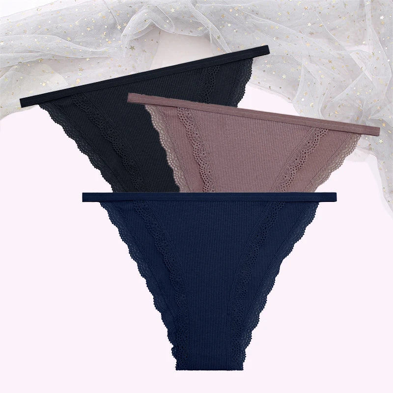 FINETOO Women's Cotton Panties 3Pcs/set Lace Briefs S-XL Comfortable Underwear Ladies Cotton Underpants Soft Panty Intimates New