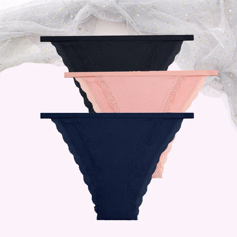 FINETOO Women's Cotton Panties 3Pcs/set Lace Briefs S-XL Comfortable Underwear Ladies Cotton Underpants Soft Panty Intimates New