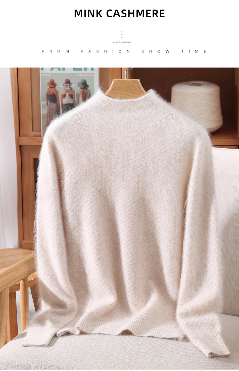 Autumn and winter mink cashmere knitted sweater Women's fashionable simple semi-high-neck sweater for women Soft comfortable top