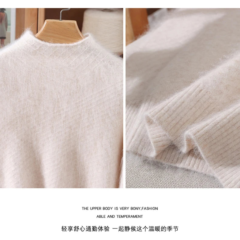 Autumn and winter mink cashmere knitted sweater Women's fashionable simple semi-high-neck sweater for women Soft comfortable top