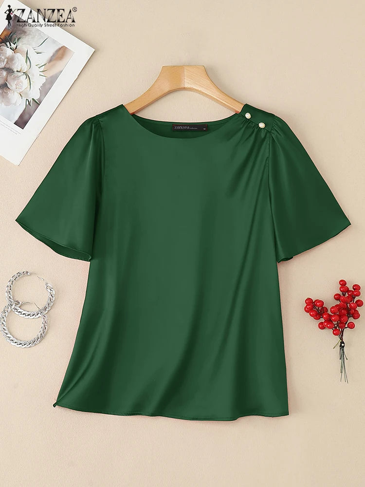 2025 ZANZEA Elegant Short Sleeve Office Satin Blouses Summer Women Tops Stylish Solid Shirt O Neck Tunic Female Work OL Blusas