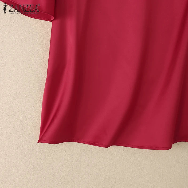 2025 ZANZEA Elegant Short Sleeve Office Satin Blouses Summer Women Tops Stylish Solid Shirt O Neck Tunic Female Work OL Blusas