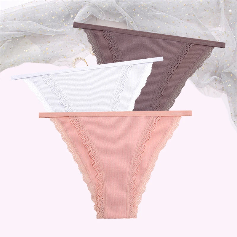 FINETOO Women's Cotton Panties 3Pcs/set Lace Briefs S-XL Comfortable Underwear Ladies Cotton Underpants Soft Panty Intimates New